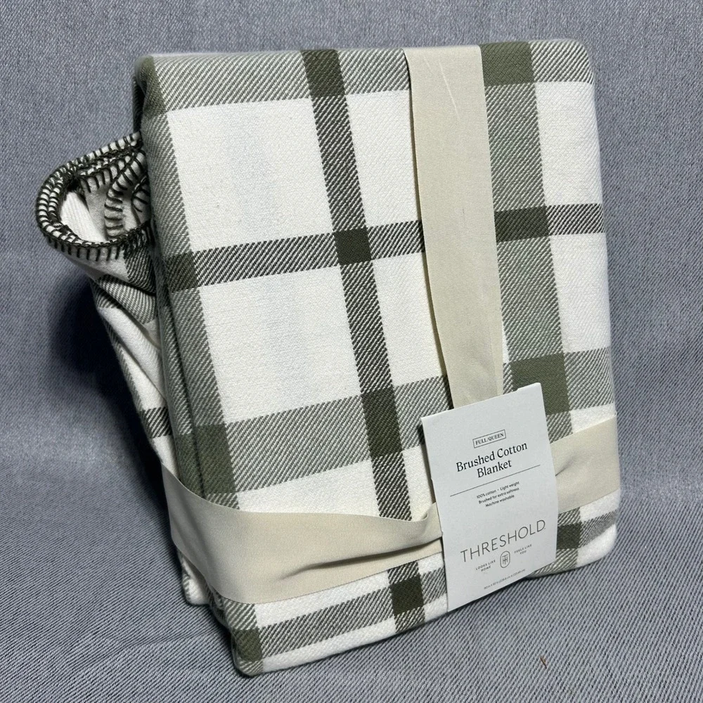 Threshold Full Queen Brushed Cotton Blanket Green White Plaid Farmhouse